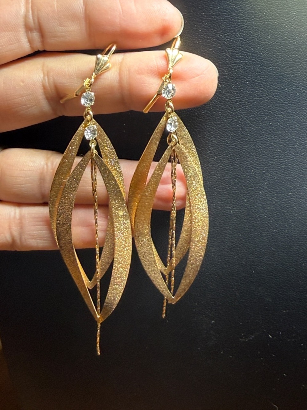 Gold Dangle Leaf-Frame Earrings with Crystal Accent - Women Jewelry